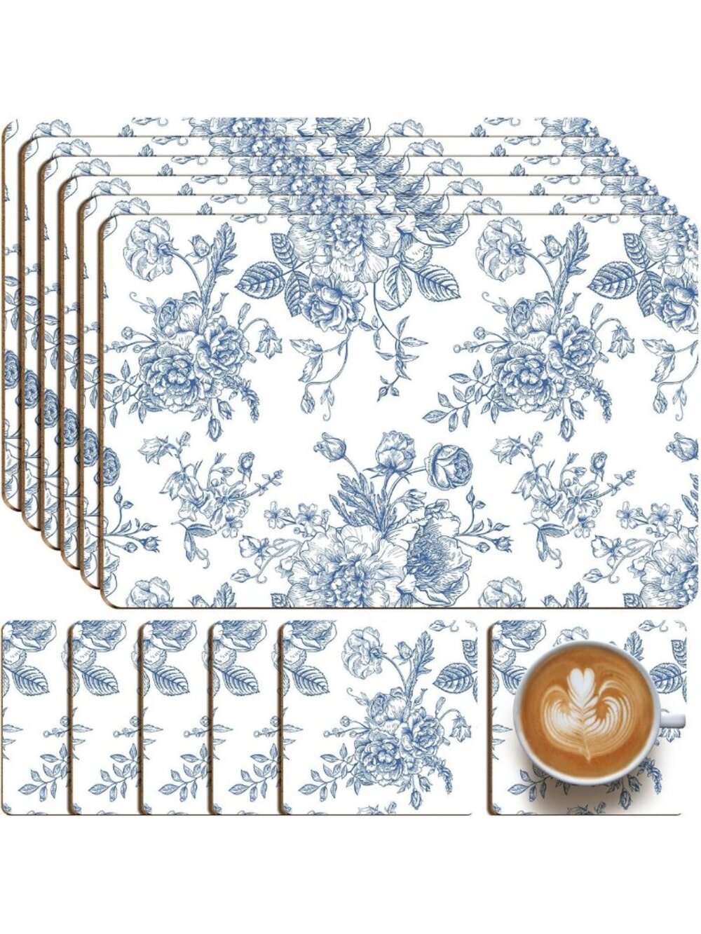 Blue & White Floral Cork Placemats Set with Coasters, Heat Resistant Table Mats